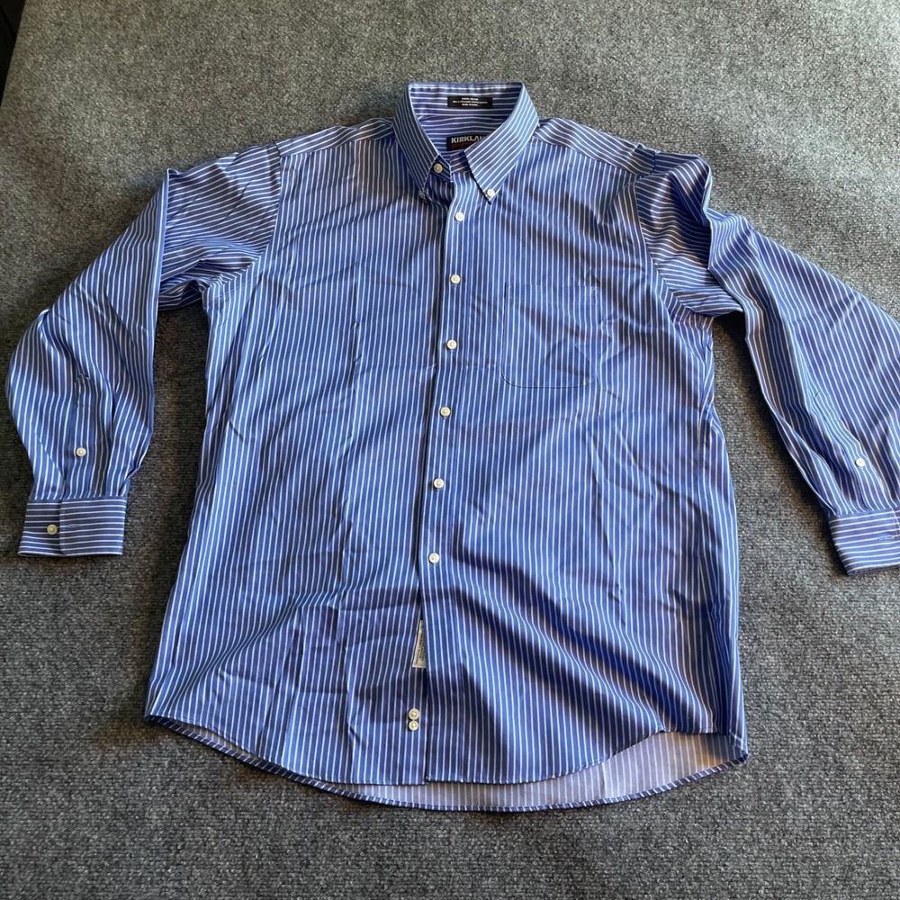 Kirkland‎ Signature Mens Blue White Striped Non-Iron Cotton Dress Shirt 16.5 34
